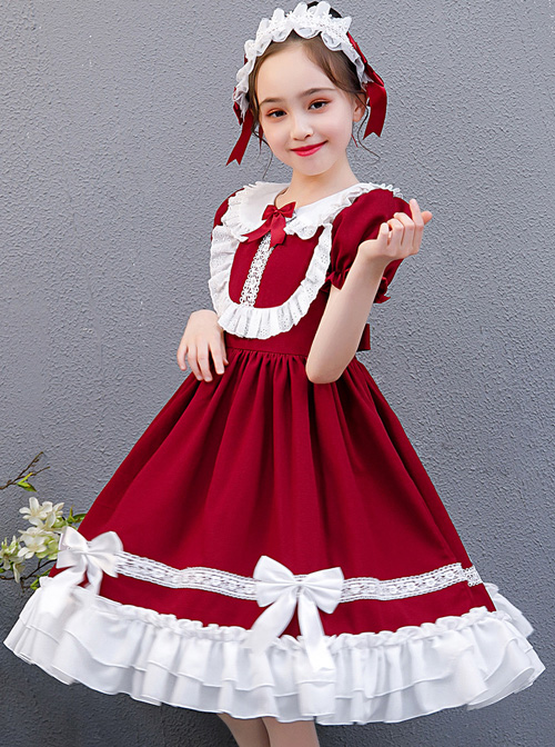 White Lace Doll Collar Wine Red Pure Color Children Lolita Short Sleeve Dress