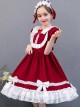 White Lace Doll Collar Wine Red Pure Color Children Lolita Short Sleeve Dress