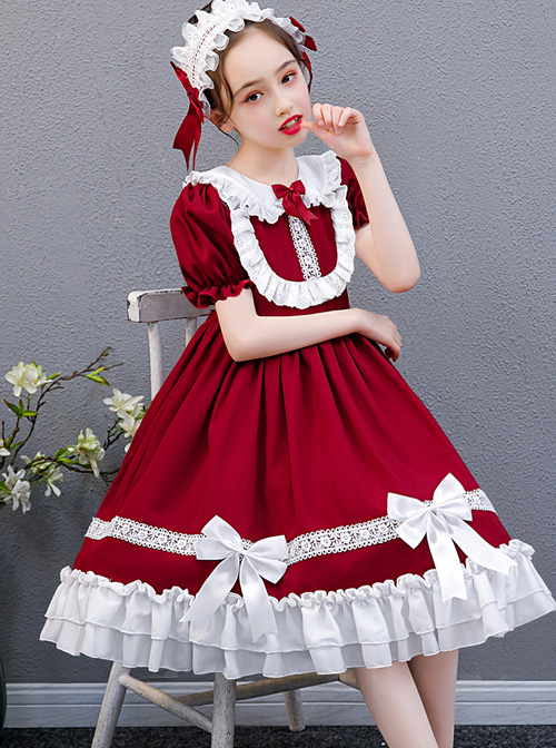 White Lace Doll Collar Wine Red Pure Color Children Lolita Short Sleeve Dress