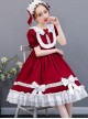 White Lace Doll Collar Wine Red Pure Color Children Lolita Short Sleeve Dress