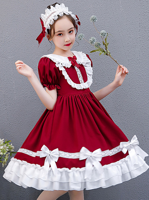 White Lace Doll Collar Wine Red Pure Color Children Lolita Short Sleeve Dress
