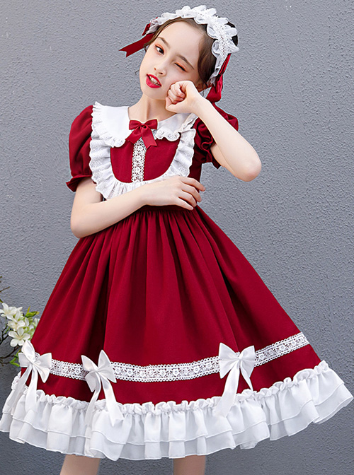 White Lace Doll Collar Wine Red Pure Color Children Lolita Short Sleeve Dress