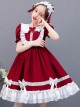 White Lace Doll Collar Wine Red Pure Color Children Lolita Short Sleeve Dress