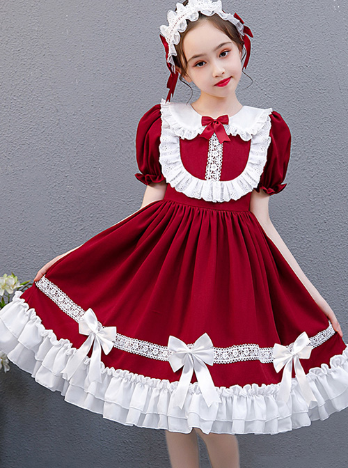 White Lace Doll Collar Wine Red Pure Color Children Lolita Short Sleeve Dress