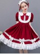 White Lace Doll Collar Wine Red Pure Color Children Lolita Short Sleeve Dress