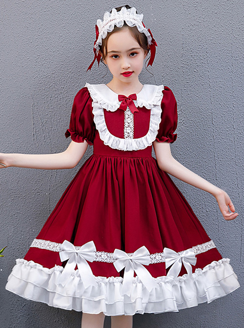 White Lace Doll Collar Wine Red Pure Color Children Lolita Short Sleeve Dress