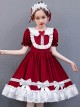 White Lace Doll Collar Wine Red Pure Color Children Lolita Short Sleeve Dress