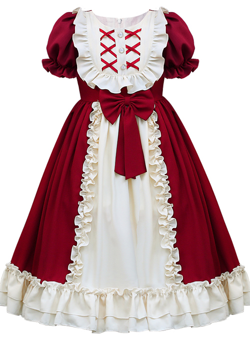 Red And Apricot Splicing Ruffled Children Classic Lolita Short Sleeve Dress