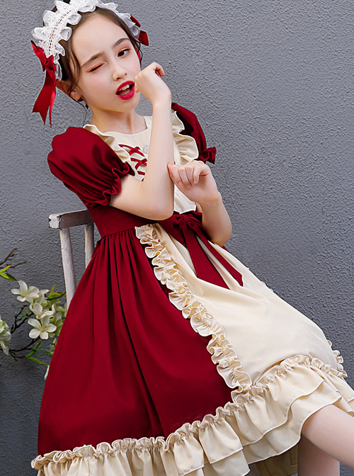 Red And Apricot Splicing Ruffled Children Classic Lolita Short Sleeve Dress