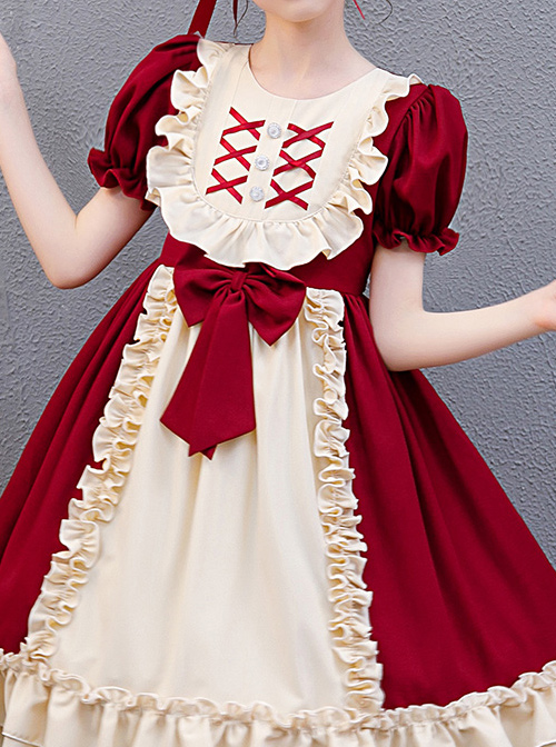 Red And Apricot Splicing Ruffled Children Classic Lolita Short Sleeve Dress