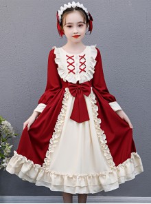 Red And Apricot Splicing Ruffled Children Classic Lolita Long Sleeve Dress