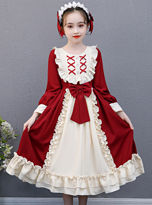 Red And Apricot Splicing Ruffled Children Classic Lolita Long Sleeve Dress