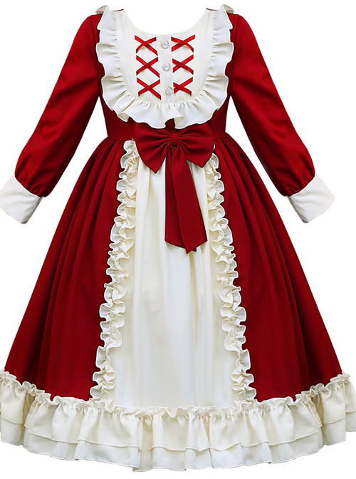 Red And Apricot Splicing Ruffled Children Classic Lolita Long Sleeve Dress