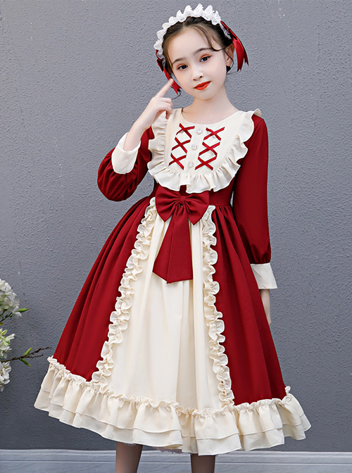 Red And Apricot Splicing Ruffled Children Classic Lolita Long Sleeve Dress