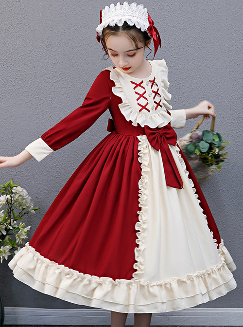 Red And Apricot Splicing Ruffled Children Classic Lolita Long Sleeve Dress