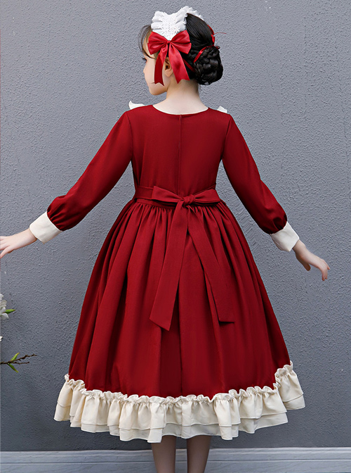 Red And Apricot Splicing Ruffled Children Classic Lolita Long Sleeve Dress