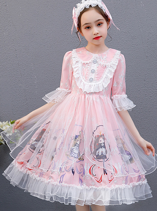 Cute Princess Doll Printing Children Sweet Lolita Half Sleeve Dress