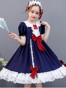 Snow White Children Classic Lolita Red Bowknot Navy Blue Short Sleeve Dress