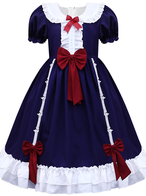 Snow White Children Classic Lolita Red Bowknot Navy Blue Short Sleeve Dress