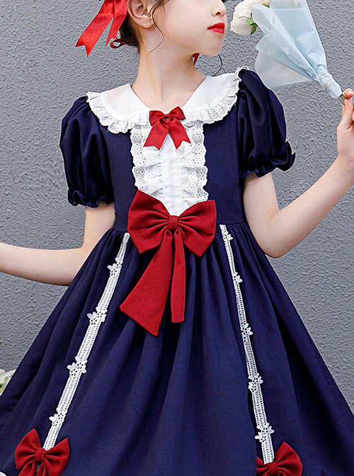 Snow White Children Classic Lolita Red Bowknot Navy Blue Short Sleeve Dress