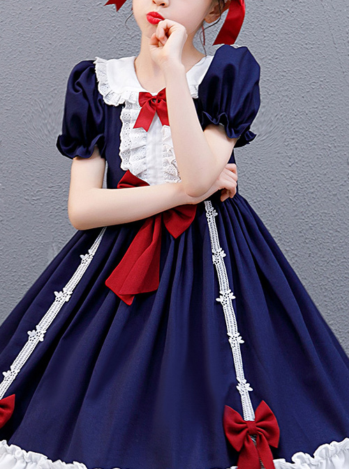 Snow White Children Classic Lolita Red Bowknot Navy Blue Short Sleeve Dress