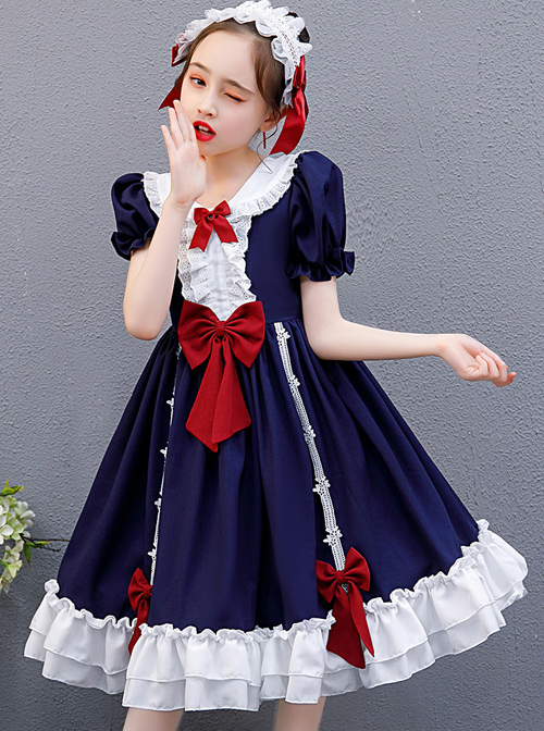 Snow White Children Classic Lolita Red Bowknot Navy Blue Short Sleeve Dress