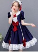 Snow White Children Classic Lolita Red Bowknot Navy Blue Short Sleeve Dress