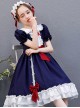 Snow White Children Classic Lolita Red Bowknot Navy Blue Short Sleeve Dress