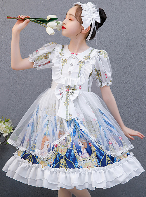 Doll Collar Cartoon Printing Sweet Lolita White Short Sleeve Dress