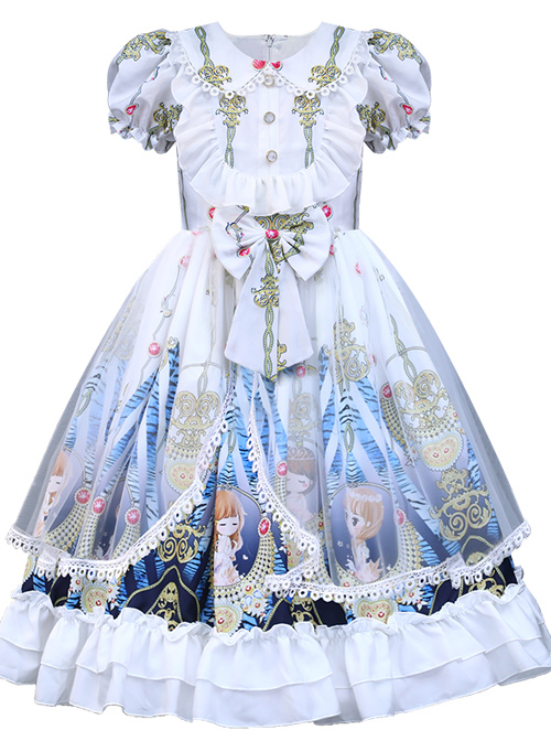 Doll Collar Cartoon Printing Sweet Lolita White Short Sleeve Dress