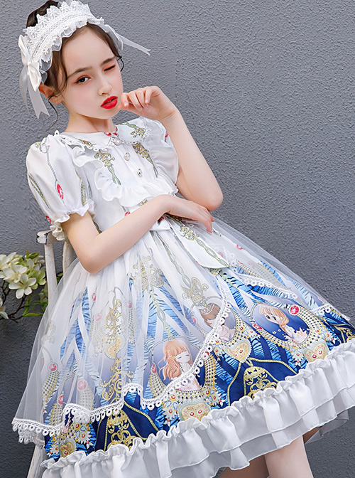 Doll Collar Cartoon Printing Sweet Lolita White Short Sleeve Dress