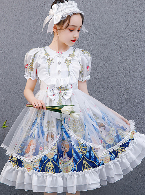 Doll Collar Cartoon Printing Sweet Lolita White Short Sleeve Dress