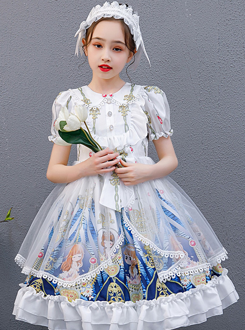 Doll Collar Cartoon Printing Sweet Lolita White Short Sleeve Dress