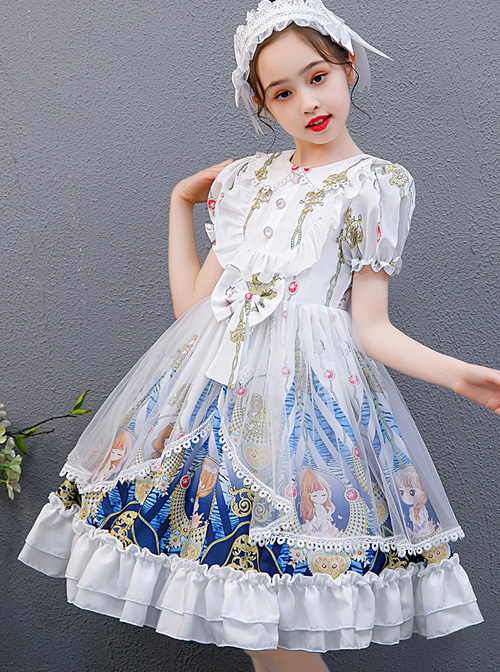 Doll Collar Cartoon Printing Sweet Lolita White Short Sleeve Dress