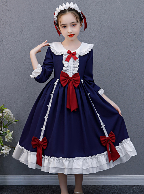 Red Bowknot Classic Lolita Navy Blue Long Sleeve Dress