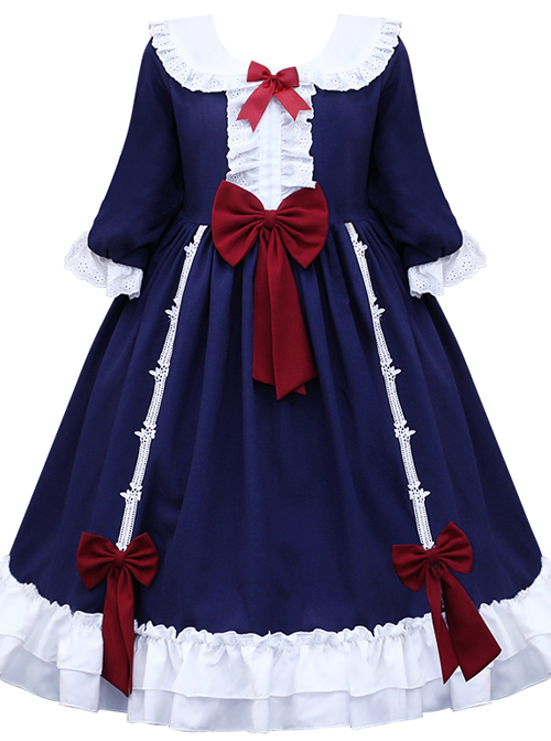 Red Bowknot Classic Lolita Navy Blue Long Sleeve Dress