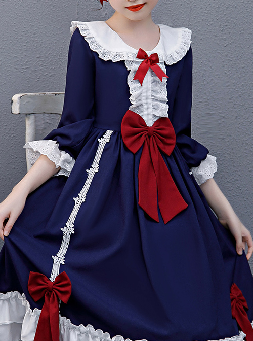 Red Bowknot Classic Lolita Navy Blue Long Sleeve Dress