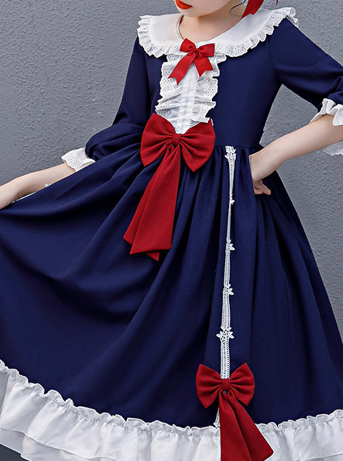 Red Bowknot Classic Lolita Navy Blue Long Sleeve Dress