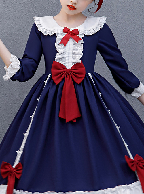 Red Bowknot Classic Lolita Navy Blue Long Sleeve Dress