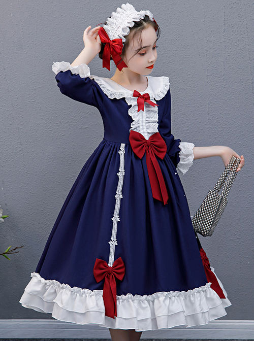 Red Bowknot Classic Lolita Navy Blue Long Sleeve Dress