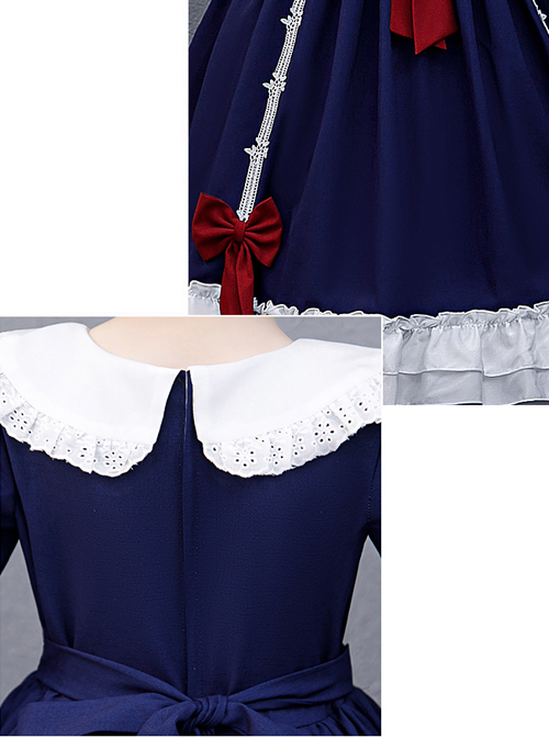 Red Bowknot Classic Lolita Navy Blue Long Sleeve Dress