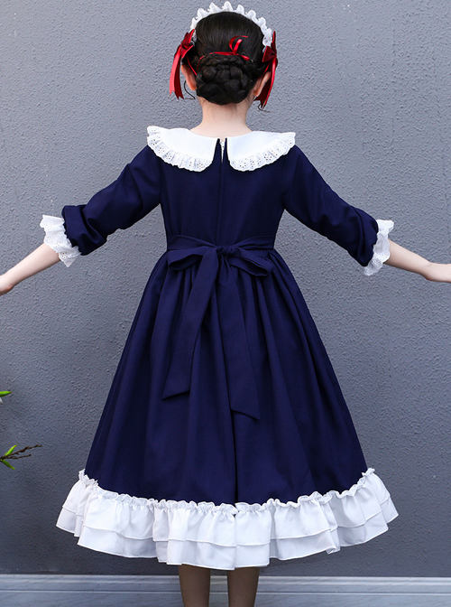 Red Bowknot Classic Lolita Navy Blue Long Sleeve Dress