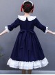 Red Bowknot Classic Lolita Navy Blue Long Sleeve Dress