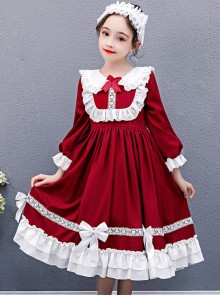 Doll Collar White Lace Wine Red Classic Lolita Long Sleeve Dress