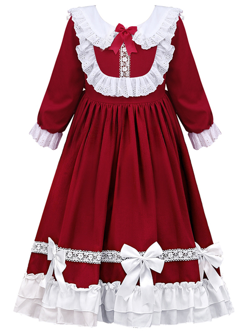 Doll Collar White Lace Wine Red Classic Lolita Long Sleeve Dress