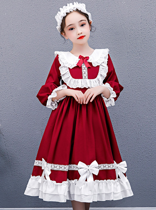 Doll Collar White Lace Wine Red Classic Lolita Long Sleeve Dress