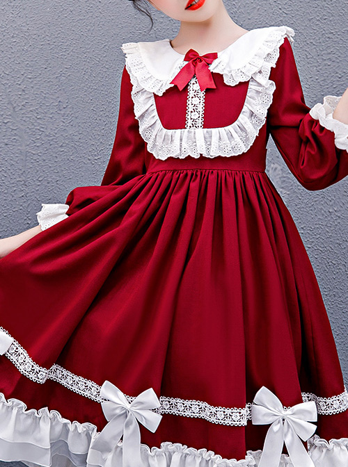 Doll Collar White Lace Wine Red Classic Lolita Long Sleeve Dress