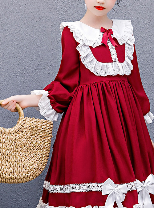 Doll Collar White Lace Wine Red Classic Lolita Long Sleeve Dress