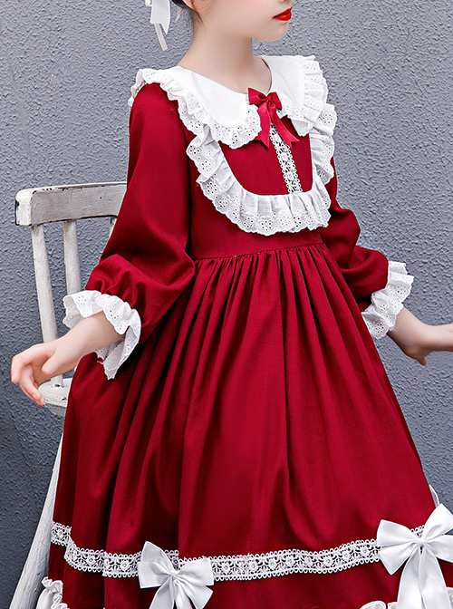 Doll Collar White Lace Wine Red Classic Lolita Long Sleeve Dress