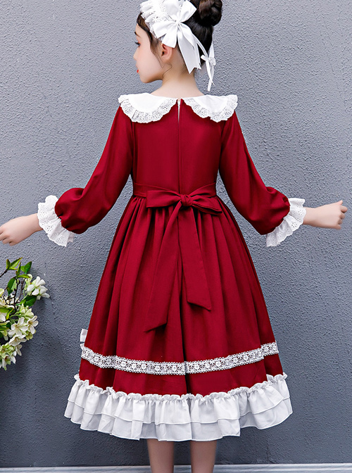 Doll Collar White Lace Wine Red Classic Lolita Long Sleeve Dress